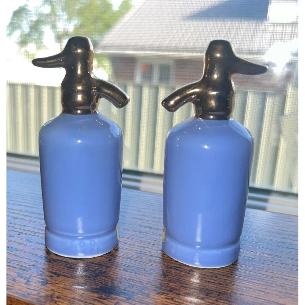 Sarsaparilla Seltzer Bottle Salt and Pepper Shakers OS Blue Excellent 1981 Deco